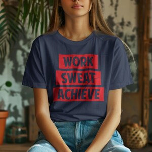 Work Sweat Achieve T-Shirt for Women | Motivational Fitness Tee with Red Rectangle Design | Gildan 500L | Inspirational Apparel