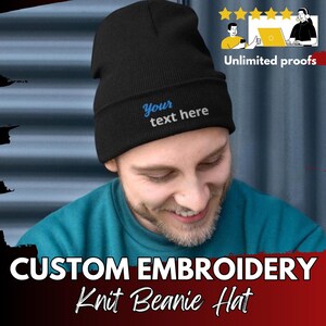 CUSTOM TEXT DESIGN Embroidered Knit Beanie, One Size, Personalize, Winter Hat, Gift, Cozy Accessory, Cute for Kids and Adults, Casual Wear
