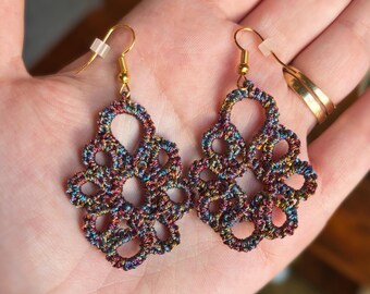 Handmade Iridescent Lace Dangle Earrings -  One of a Kind Tatting Art Accessory