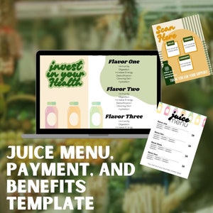 Puede incluir: La pantalla de una computadora portátil muestra una plantilla de menú de jugo con el texto "Invierte en tu salud" y tres sabores de jugo con sus beneficios. El menú enumera los beneficios de cada sabor de jugo, que incluyen inmunidad, digestión, aumento de energía, desintoxicación, piel radiante e hidratación. La imagen también incluye un letrero de "Escanear aquí" con códigos QR para Zelle, Venmo y Cashapp. El texto "¡Gracias por su apoyo!" también es visible.