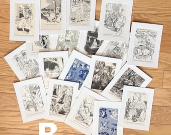 Puede incluir: Una colección de impresiones rectangulares en papel con ilustraciones de líneas en blanco y negro, algunas con detalles en azul, montadas en marcos de cartón blanco. Las láminas muestran diversas escenas con figuras y pies de foto.