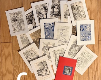 Puede incluir: Una colección de tarjetas de felicitación rectangulares con ilustraciones vintage en blanco y negro, algunas con inserciones de patrones azules y una tarjeta roja brillante con una pequeña inserción de retrato cuadrada. La letra C es visible abajo a la izquierda.