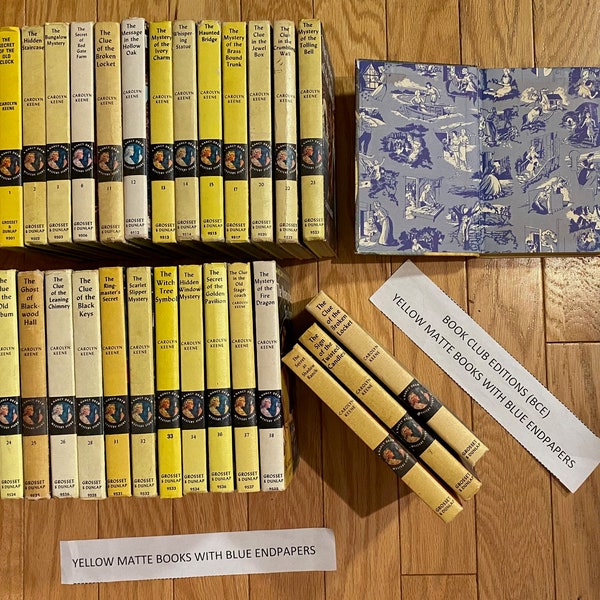 Nancy Drew Books by Carolyn Keene Yellow Matte with BLUE END PAPERS, also Book Club Editions with Blue Endpapers - Lots to Choose From