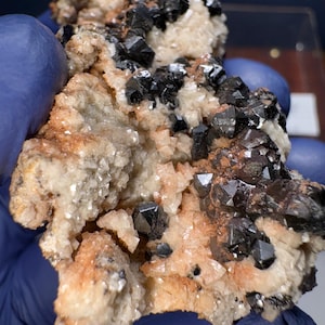 Könnte beinhalten: Ein Cluster aus schwarzen, glänzenden Kristallen auf einer weißen, rauen und strukturierten Matrix. Die Kristalle sind scharf und gut definiert, mit einem metallischen Glanz. Die Matrix ist mit kleinen, weißen Kristallen bedeckt.