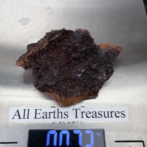 Op de afbeelding: Een donkerbruine, onregelmatig gevormde steen op een digitale weegschaal. De weegschaal geeft 0,073 kg aan. De weegschaal is gelabeld met "All Earths Treasures" en "D'ALCAMPU".