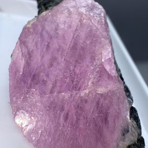 Può includere: Una gemma grezza e non tagliata, con una prominente tonalità viola chiaro. Il cristallo ha una superficie ruvida e strutturata ed è parzialmente attaccato a una matrice scura color carbone. Il colore della pietra è uniforme, con sottili variazioni di tono.