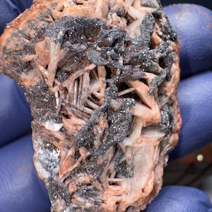 Può includere: Primo piano di una roccia ruvida, grigia e marrone con un gruppo di cristalli bianchi. I cristalli sono disposti in uno schema a strati, creando una texture unica e interessante.