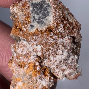 May include: A small, rough, brown and white rock with a dark gray crystal embedded in the center.