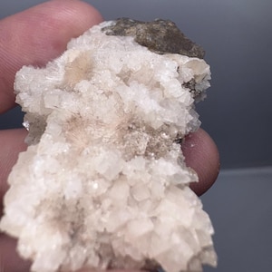 May include: A close-up of a mineral specimen featuring a cluster of small, translucent, white crystals. The crystals have a rough, textured appearance, with some areas showing a light tan hue. A small, dark brown rock is attached to the top of the crystal cluster.