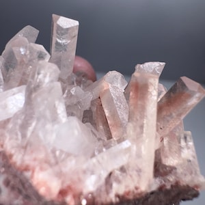 May include: A close-up of a cluster of pale pink quartz crystals. The crystals are sharply pointed and clustered together, with a rough, textured base. The overall effect is delicate and natural, with variations in colour and clarity.