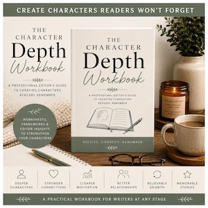 May include: A softcover book titled The Character Depth Workbook with a cream cover, green accents, and a line drawing of an open book and pen. The text reads A Professional Editor's Guide to Creating Characters Readers Remember and Believe. Connect. Remember.