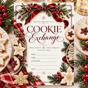 Op de afbeelding: Een crèmekleurige uitnodigingskaart voor een koekjesruil met een grote donkerrode strik, dennentakken en rode bessen. De tekst luidt: You're invited to a Cookie Exchange, Sweet Treats, Good Company, Holiday Cheer, Date, Time, Location, RSVP.