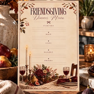 Peut inclure: Une carte de menu de dîner Friendsgiving rectangulaire avec un fond crème, du texte rouge foncé et des illustrations botaniques. Le menu comprend des sections pour Starters, Main, Sides, Dessert et Drinks, ornées de feuilles d'automne.