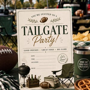 May include: A rectangular paper invitation for a tailgate party featuring a football graphic, the text YOU'RE INVITED TO A TAILGATE PARTY! GOOD FRIENDS GREAT FOOD BIG GAME, and blank lines for date, time, location, and RSVP. Illustrations include a grill, cooler, and chair.