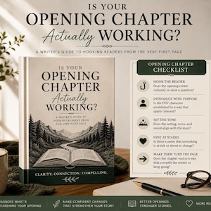 以下が含まれることがあります： Is Your Opening Chapter Actually Working? A Writer's Guide to Hooking Readers from the Very First Pageというタイトルのハードカバー本。山の風景画が描かれており、5つの執筆ヒントが記載されたチェックリストカードが添えられています。