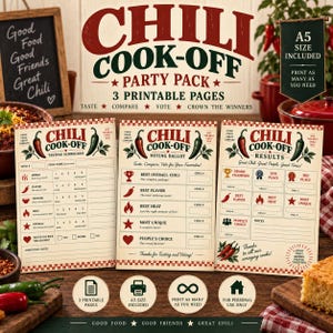 Chili Cook-Off Party Pack, Tasting Scorecards, Voting Ballot, Results Sheet (Digital Download)