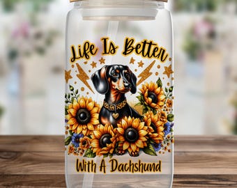 Dachshund Glass Can: Sunflower Dog Lover Iced Coffee Cup (16oz)