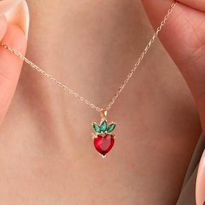 Sterling Silver Strawberry Ruby Necklace, Emerald Leaf Gold Necklace, Tropical Fruit Jewelry, Cute Choker Necklace, Heart Necklaces for Her