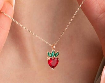 Sterling Silver Strawberry Ruby Necklace, Emerald Leaf Gold Necklace, Tropical Fruit Jewelry, Cute Choker Necklace, Heart Necklaces for Her