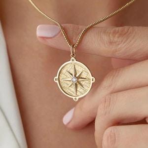 14K Solid Gold North Star Necklace, Unisex Star Necklace, Dainty Celestial Charm Choker, Nautical Jewelry, Diamond Necklace, Compass Pendant