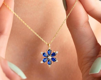 Sterling Silver Sapphire Daisy Necklace, Dainty Flower Necklace, Bridal Gold Jewelry, September Birthstone, Minimalist Necklaces for Her