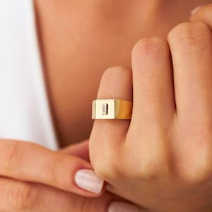 14K Solid Gold Diamond Pinky Ring, Signet Rings for Men, Dainty Solitaire Diamond Rings, Baguette Rings for Women, Wedding Stacking Ring