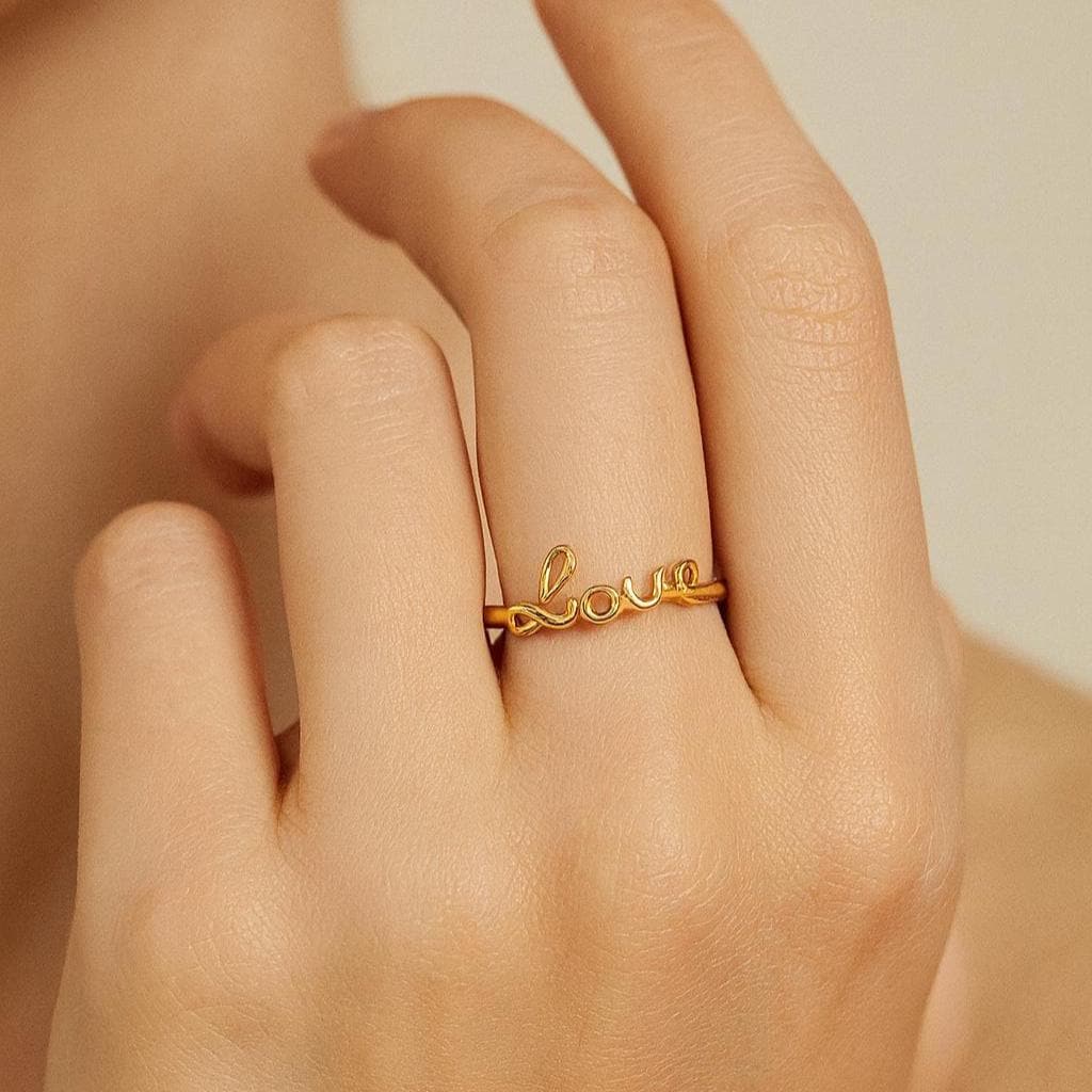 Solid 10k Rose Gold 'Love' Script Ring - High Polish Statement Band, Size 8.75
