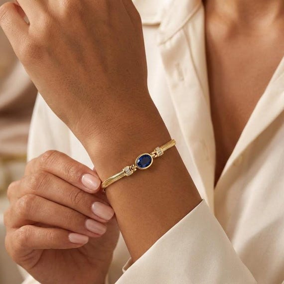 Blue Sapphire Silver Bracelet, Birthstone Bracelet for Womens, Dainty Herringbone Chain Jewelry, Luxury Gold Bangle, White Gold Bracelet