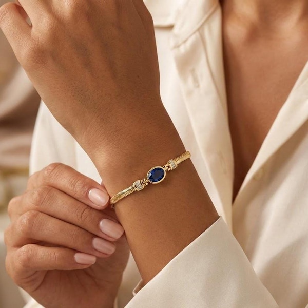 Blue Sapphire Silver Bracelet, Birthstone Bracelet for Womens, Dainty Herringbone Chain Jewelry, Luxury Gold Bangle, White Gold Bracelet