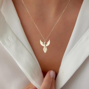 14k Solid Gold Phoenix Necklace, Simurgh Necklaces for Women, Rebirth Necklace, Fire Bird, Good Luck Charm, Mythical Jewelry, Wing Necklace