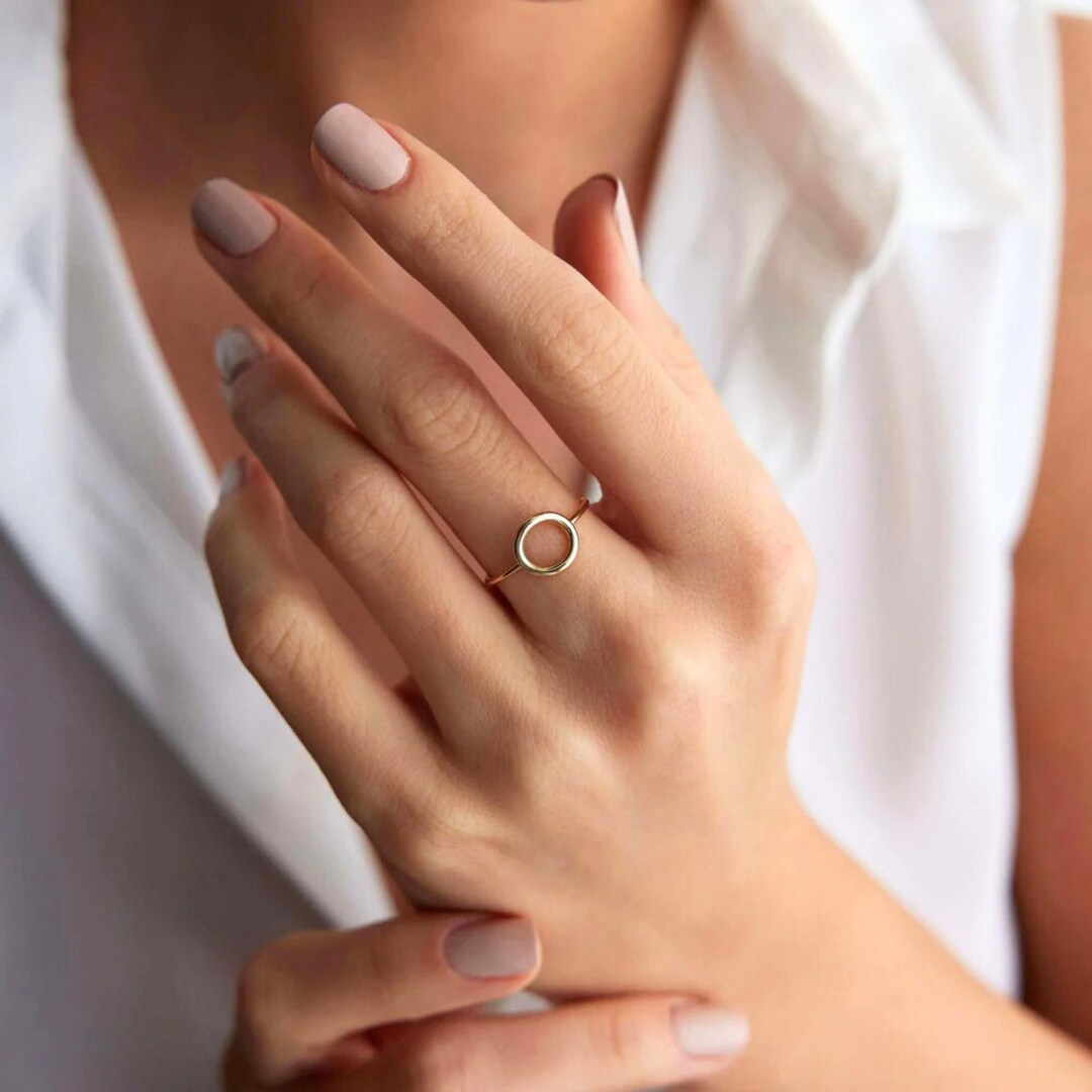 14K Solid Gold Circle Ring, Dainty Stacking Rings, Stackable Simple ...