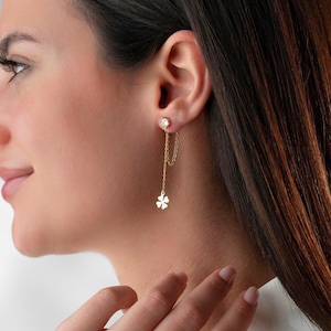 Clover Dangle Earrings, Sterling Silver Flower Earrings, 4 Leaf Shamrock Chain Earrings, Earrings for Girlfriend, Floral Jewelry for Her
