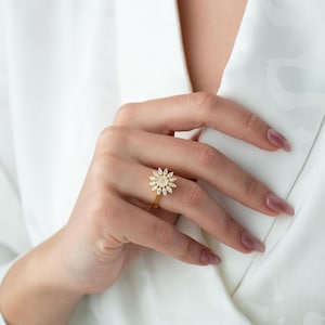 Daisy Magnolia Ring, Yellow Gold Marquise Rings, Sterling Silver Ring Women, Flower Engagement Ring, Cherry Blossom Ring, Sakura Ring