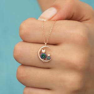 Mystic Topaz Cat Crescent Necklace, Handmade Gift for Cat Lovers, Sterling Silver Cat Jewelry, Dainty Kitten Pendant, Cute Animal Necklace