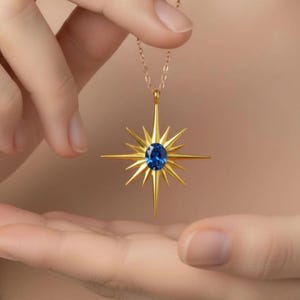 North Star Blue Sapphire Necklace, Sterling Silver Gemstone Necklace, 14K Gold Plated Sun Necklace, Birthstone Jewelry, Perfect Gift for Her