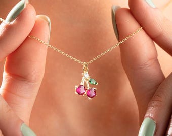 925K Cherry Ruby Necklace, Green Emerald Leaf Silver Necklace, Tropical Fruit Jewelry, Cute Choker Necklace, Heart Necklaces for Her