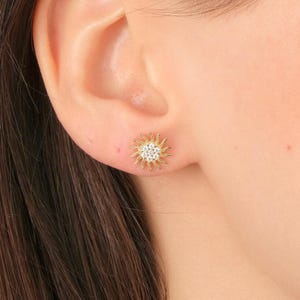 Sun Stud Gold Earrings, Gold Sunburst Earrings, 14K Solid Gold Celestial Jewelry, Minimal Dainty Stacking Hoop Earrings, Birthday Gift Ideas