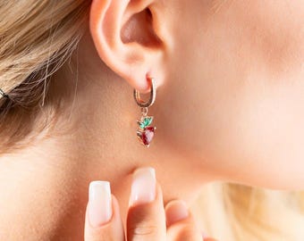 Sterling Silver Ruby Strawberry Earrings, Minimalist Dangle Earrings, Emerald Leaf Stud Hoop Earrings for Women, Rose Gold Fruit Jewelry