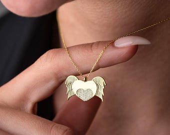 Collar de alas de ángel, collar de amor con corazón alado, collar de oro con corazón volador, collar de alma gemela en plata esterlina, collar de la suerte para la hija