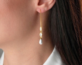 Threader Pearl Dangle Earrings, 925K Silver Chain Earrings, Teardrop Bezel Earrings, Long Chain Earrings for Her, Wedding Engagement Jewelry