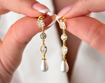 925K Silver Pearl Drop Earrings, 14K Gold Filled Earrings, Natural Pearl Chain Gold Earrings, Freshwater Pearl Wedding Bridal Stud Earrings