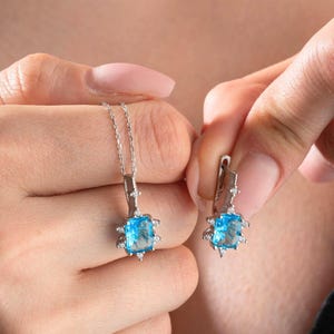Emerald Cut Aquamarine Necklace, Sterling Silver Birthstone Jewelry Set, Wedding Engagement Gold Hoop Earrings, Solitaire Stud Earrings