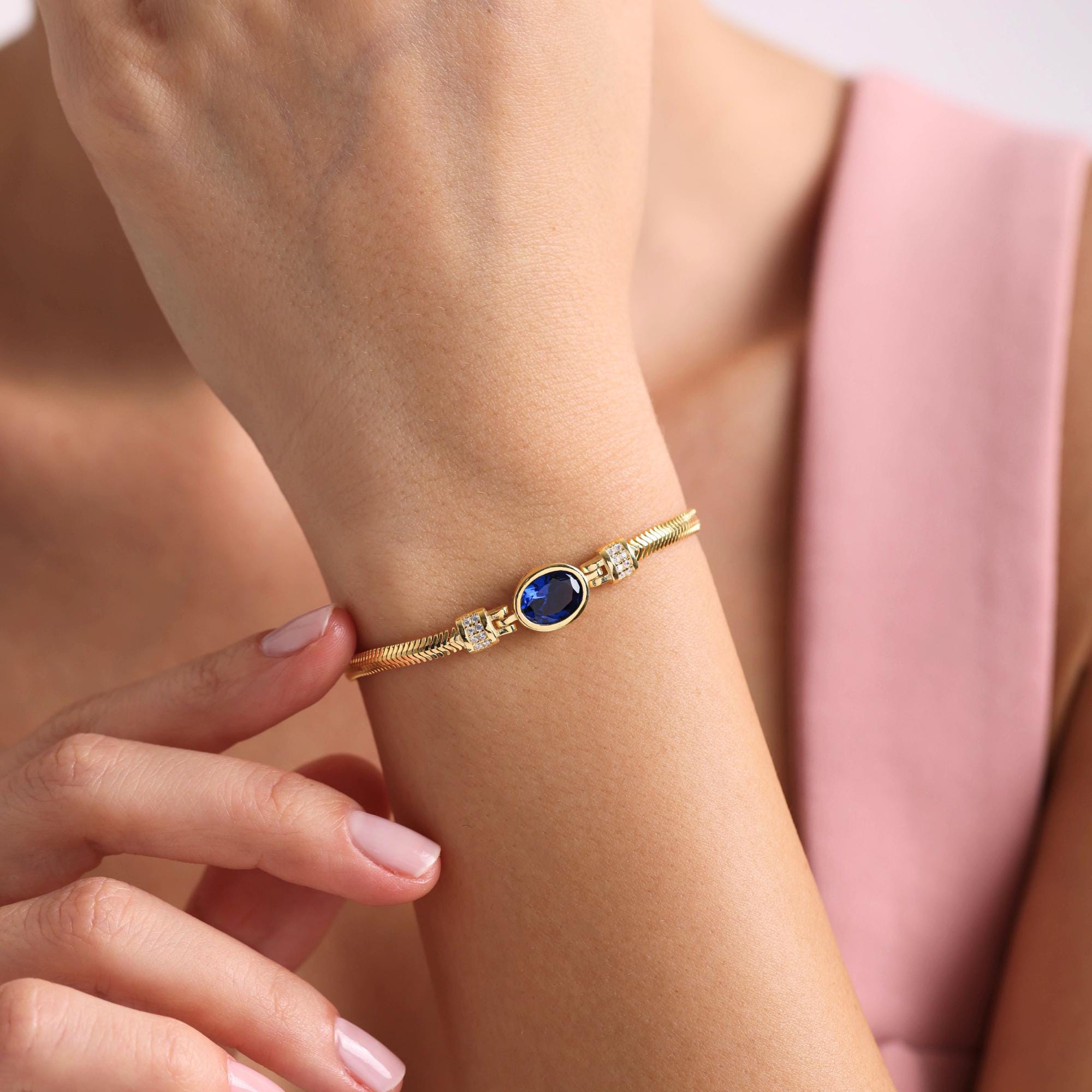 Blue Sapphire Silver Bracelet, Birthstone Bracelet for Womens, Dainty Herringbone Chain Jewelry, Luxury Gold Bangle, White Gold Bracelet