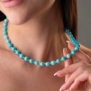 Natural Turquoise Choker Necklace, Beaded Necklace, 925K Vintage Jewelry, Sterling Silver Layered Necklace, 14K Gold Lariat Necklace