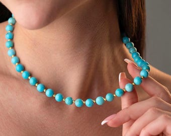 925K Silver Turquoise Choker Necklace, Beaded Vintage Jewelry, Layered Birthstone Necklace, 14K Gold Lariat Y Necklace, Gemstone Pendant