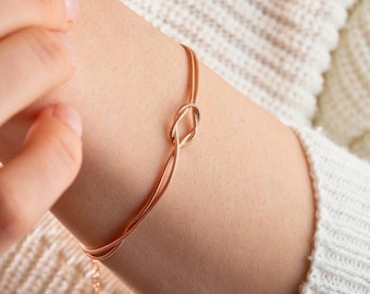 Pulseira delicada com nó de amor, pulseiras de prata de lei para casais, joia dourada para amizade, pulseira minimalista unissex, bracelete de prata com corrente de cobra