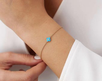 14K Solid Gold Turquoise Clover Bracelet, Clover Chain Ankle, 4 Leaf Shamrock, Flower Bracelet, Bridesmaid Gift, Birthday Gift for Her