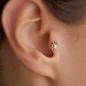14K Solid Gold Sun Piercing, Helix Studs, Tragus Gold Piercing, Cartilage Earrings for Her, Flat Back Earrings, Tiny Star Stud Earrings