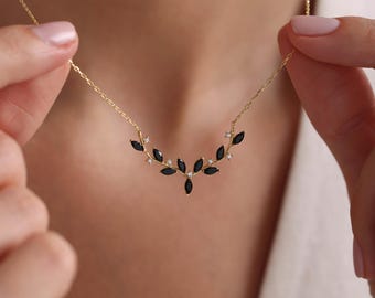 Olive Branch Black Onyx Necklace, Birthstone Marquise Necklace, Dainty Jewelry for Her, 925 Silver Leaf Choker Necklace, Bridesmaid Gifts