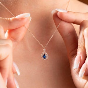 Vintage Style Sapphire Necklace, Blue Sapphire Silver Necklace, Teardrop Gold Necklace, Pear Cut Minimalist Necklace, Rose Gold Necklace